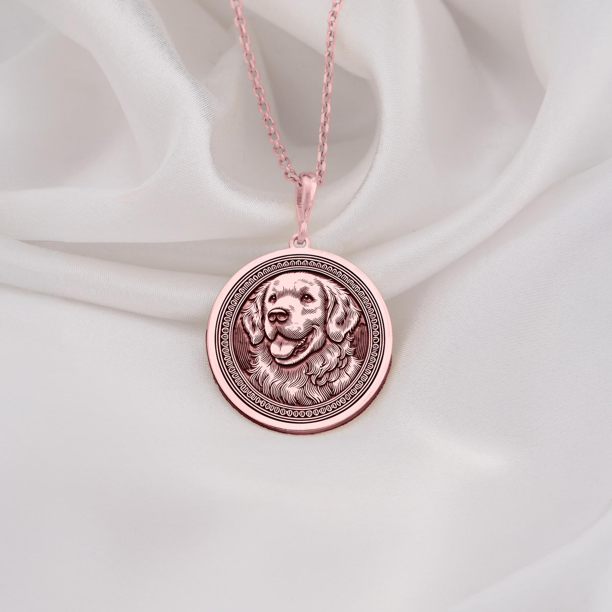 Golden Retriever Dog Pendant Necklace Necklaces Rose 14K Rose 14K 14K Rose 14K 14K Rose Gold Plated dog portrait round pendant necklace with delicate chain