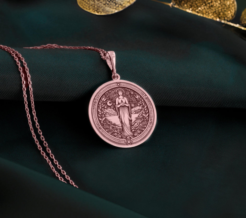 Hestia Goddess Hearth Pendant Necklaces 14K Rose 14K 14K Rose Gold Plated pendant necklace featuring a draped classical female figure design.