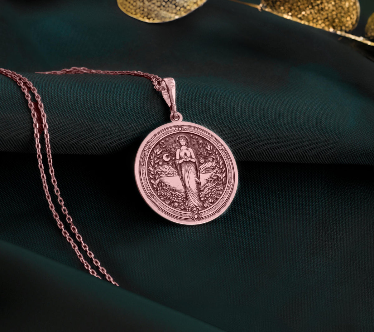Hestia Goddess Hearth Pendant Necklaces 14K Rose 14K 14K Rose Gold Plated pendant necklace featuring a draped classical female figure design.