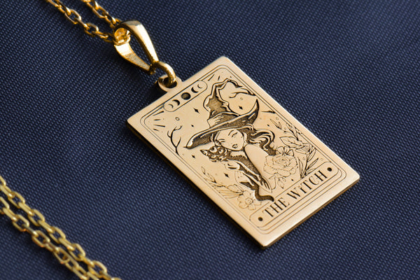 gold witch necklace with catCrystal cat pendant witchcraftVintage witch necklace with feline charmBlack cat occult necklaceWitchcraft cat pendant&quot;Magical cat charm necklace Solid gold witch necklace with hat
