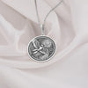 Intricately detailed 925 Sterling Silver Icarus medallion, designed with a celestial sun and winged figure. A perfect silver mythology charm, representing resilience and ambition.