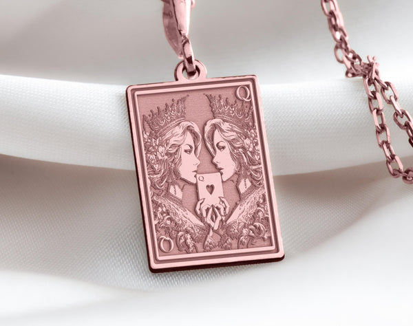Rose gold Ace of Queens pendant highlighting two queens in a romantic design, perfect for LGBTQ+ pride and sapphic love representation