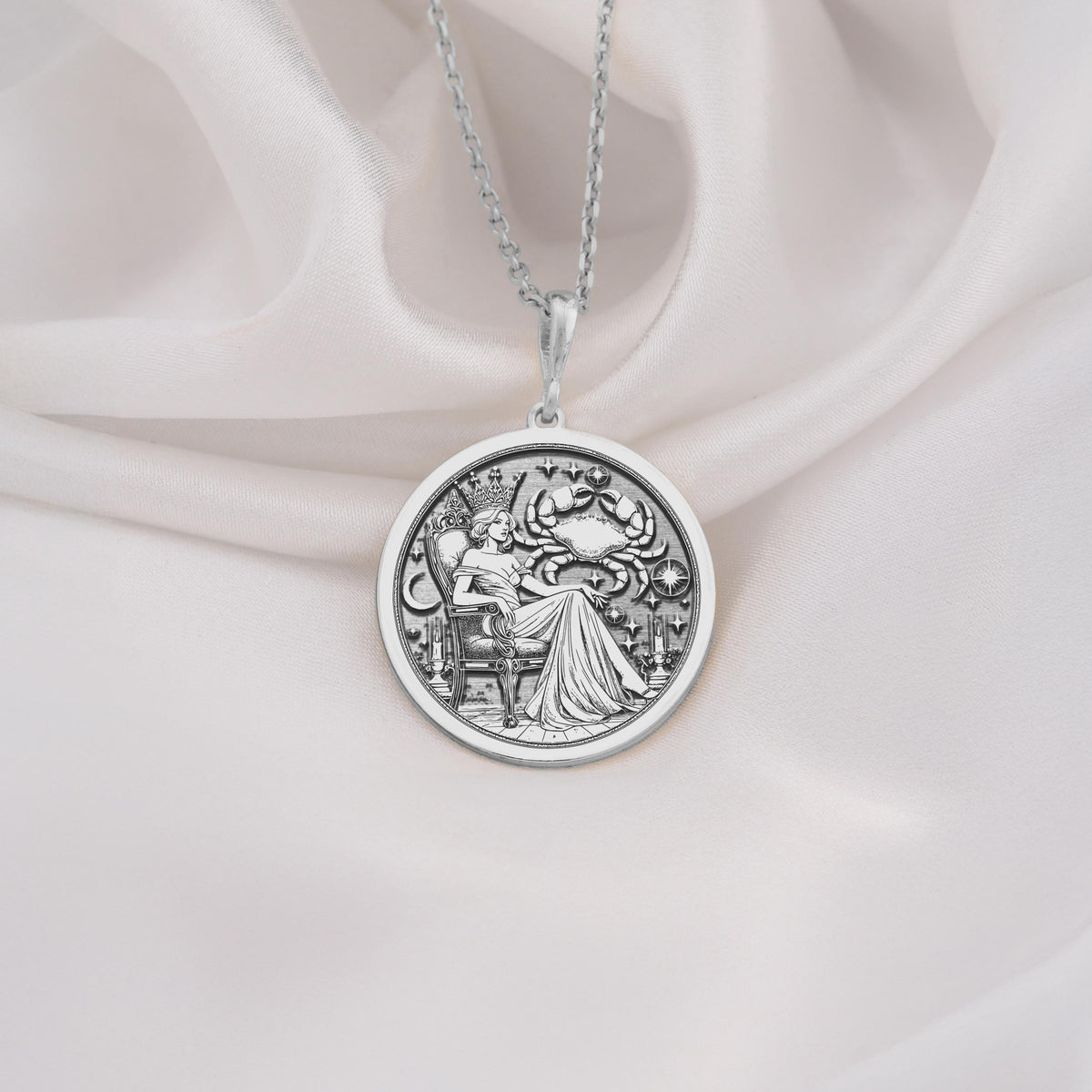Cancer Zodiac Queen Medallion Pendants 925 925 Sterling Silver engraved classical scene pendant necklace with round shape