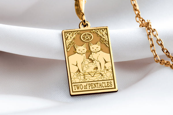 14 K Solid Two of Pentacles Tarot Card Necklace, Two of Pentacles Tarot Silver Charm Pendant, Gold Tarot Jewelry, Tarot Jewelry Gift