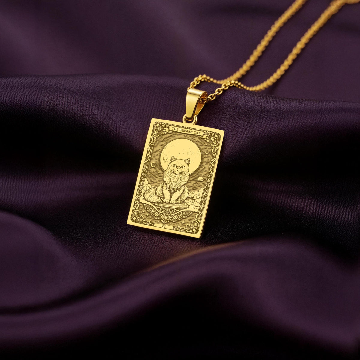 A polished 14K solid gold Persian Cat medallion. This fine pet jewelry represents the breed's gentle spirit, a perfect cat lover gift.