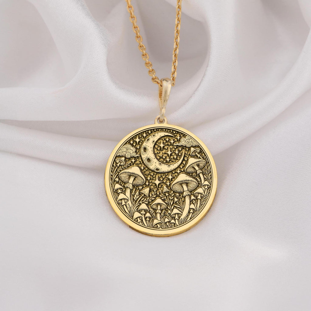 14k Gold Mushroom Necklace – Handcrafted celestial pendant featuring intricate mushroom details and a crescent moon. Elegant nature-inspired jewelry, perfect for boho lovers, crafted in solid gold for a timeless look.