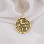 14k Gold Mushroom Necklace – Handcrafted celestial pendant featuring intricate mushroom details and a crescent moon. Elegant nature-inspired jewelry, perfect for boho lovers, crafted in solid gold for a timeless look.