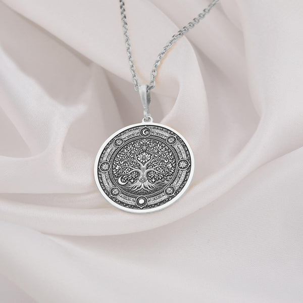 Tree of life round silver pendant necklace, yggdrasil silver necklace