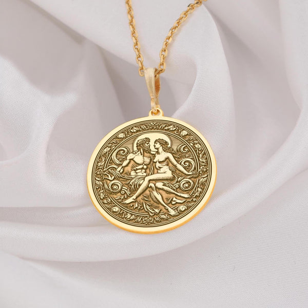 Couple Romantic charm gold necklace, Zeus and Hera love gold necklace, lovers gold medallion, Zeus Hera couple necklace, real gold gold romantic gold medallion, romantic gift for lovers, Greek gods romance charm, god and goddess jewelry,