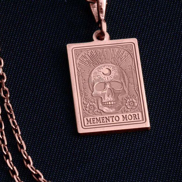 Rose gold-plated skull charm necklace, Memento Mori pendant, boho style, feminine resilience symbol, dainty and versatile, perfect for layering, lightweight for daily wear, unique handcrafted gift, one-of-a-kind charm.