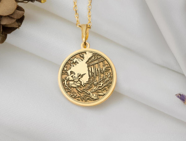 Love and beauty necklaceCupid and Venus jewelryMythology-inspired necklaceVenus goddess pendantCupid charm necklaceRomantic jewelryArt Nouveau necklaceVintage Venus and Cupid pendantMother&#39;s love necklaceEternal love pendant