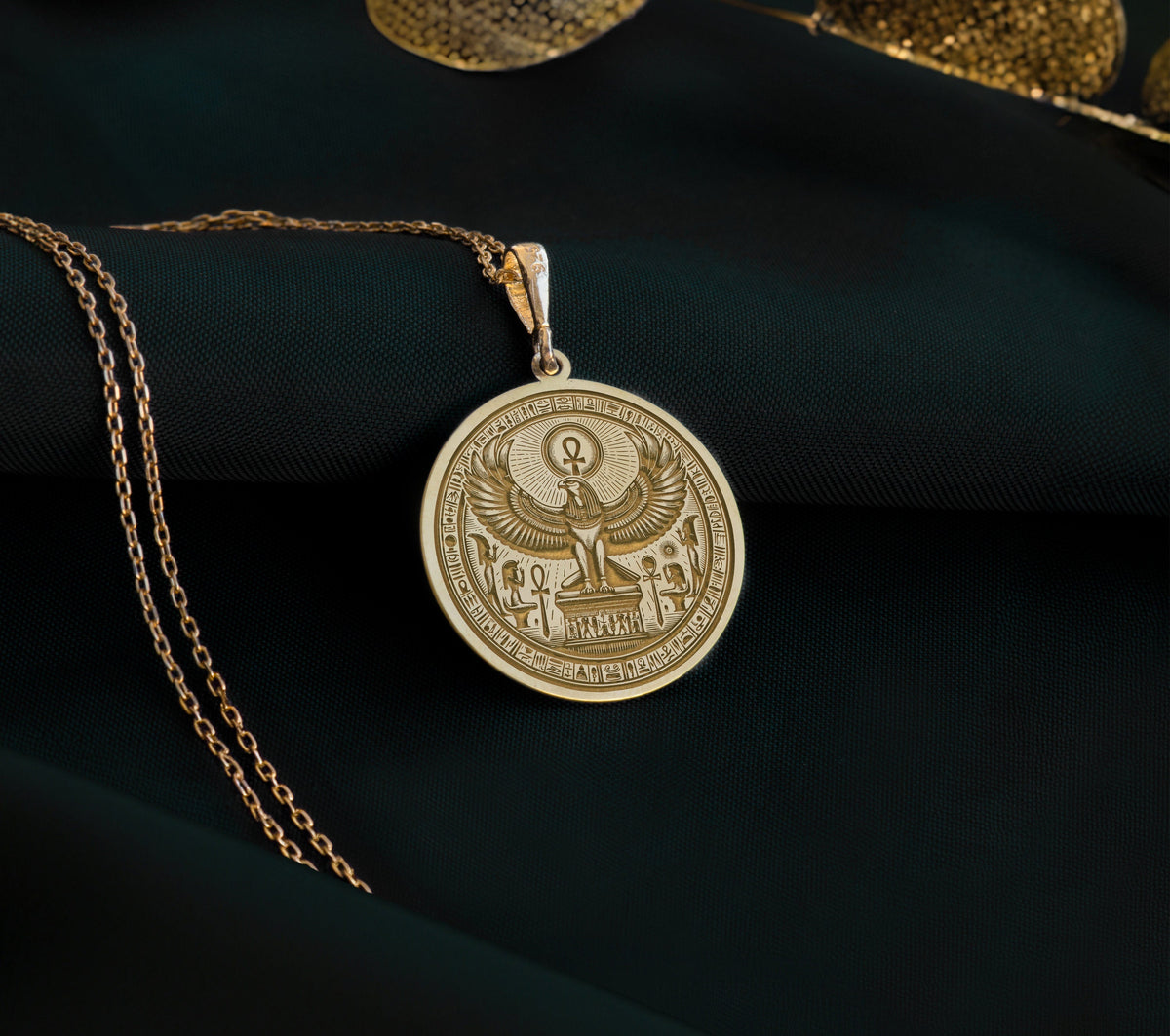 14K Solid Gold Horus Charm Necklace, Horus Silver Pendant, Rose Gold Horus Necklace, Egyptian Jewelry, Falcon Medallion, Eye Of Horus Charm