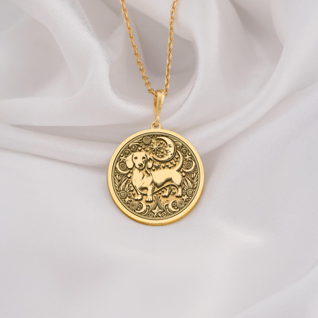 Dachshund Dog Pendant Necklace Necklaces 14K 14K Gold Plated pendant necklace featuring a dog and crescent moon design on a round disc.