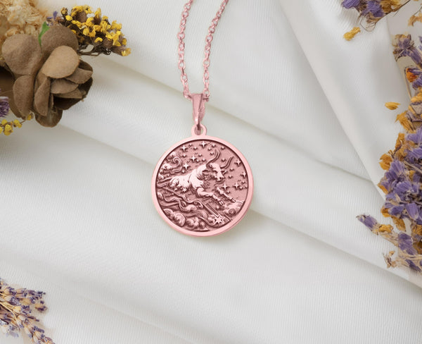 Rose gold plated Taurus zodiac pendantRose gold plated Taurus necklaceRose gold Taurus zodiac jewelryRose plated Taurus pendantRose gold Taurus astrology pendantTaurus zodiac pendant in rose gold platedRose gold plated Taurus medallion