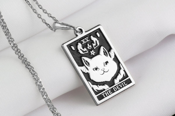 14 K Solid Gold The Devil Tarot Necklace, The Devil Silver Charm Necklace, The Devil Cat Necklace, Satan Cat Necklace
