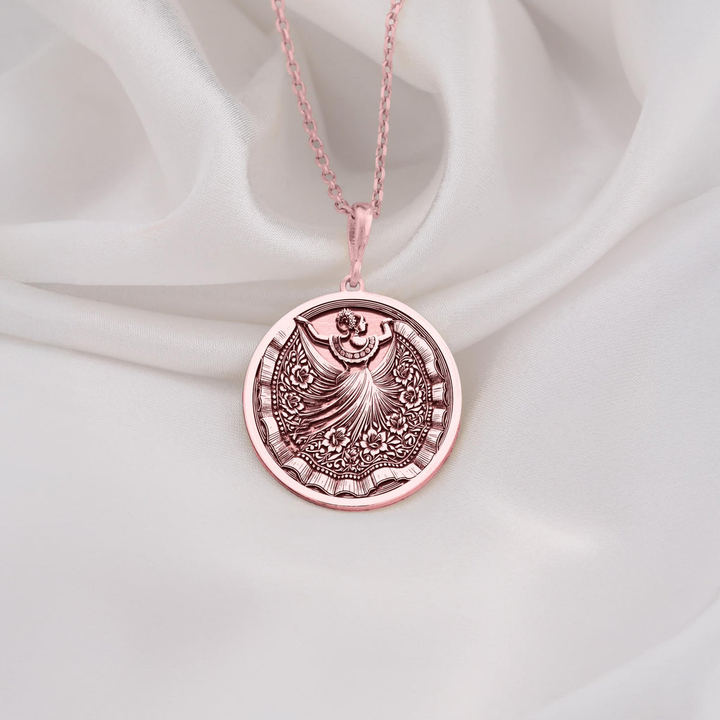 Rose Gold Plated pendant with folkloric Mexican dancer, engraved in graceful detail, elegant cultural jewelry gift.