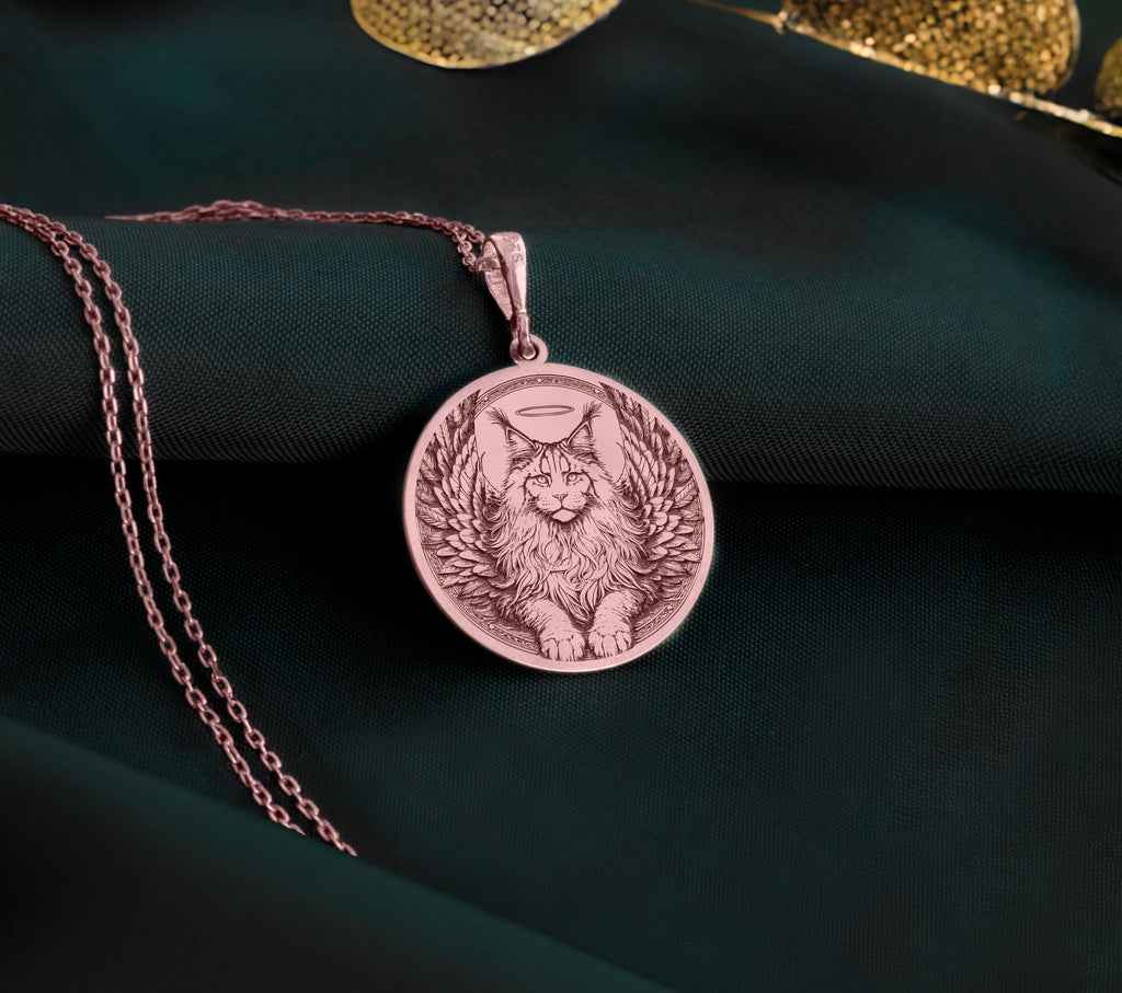 Rose Gold Plated Maine Coon Angel Pendant with memorial design. Warm-toned medallion with detailed wings, halo and peaceful expression. Rainbow bridge jewelry celebrating eternal love and connection, perfect for grieving Maine Coon parents.
