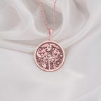 Dalmatian Medallion Necklace Necklaces Rose 14K Rose 14K 14K Rose 14K 14K Rose Gold Plated pendant necklace featuring a leopard design with a crescent moon and floral details.
