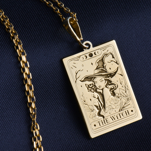 gold witch necklace with catCrystal cat pendant witchcraftVintage witch necklace with feline charmBlack cat occult necklaceWitchcraft cat pendant&quot;Magical cat charm necklace Solid gold witch necklace with hat