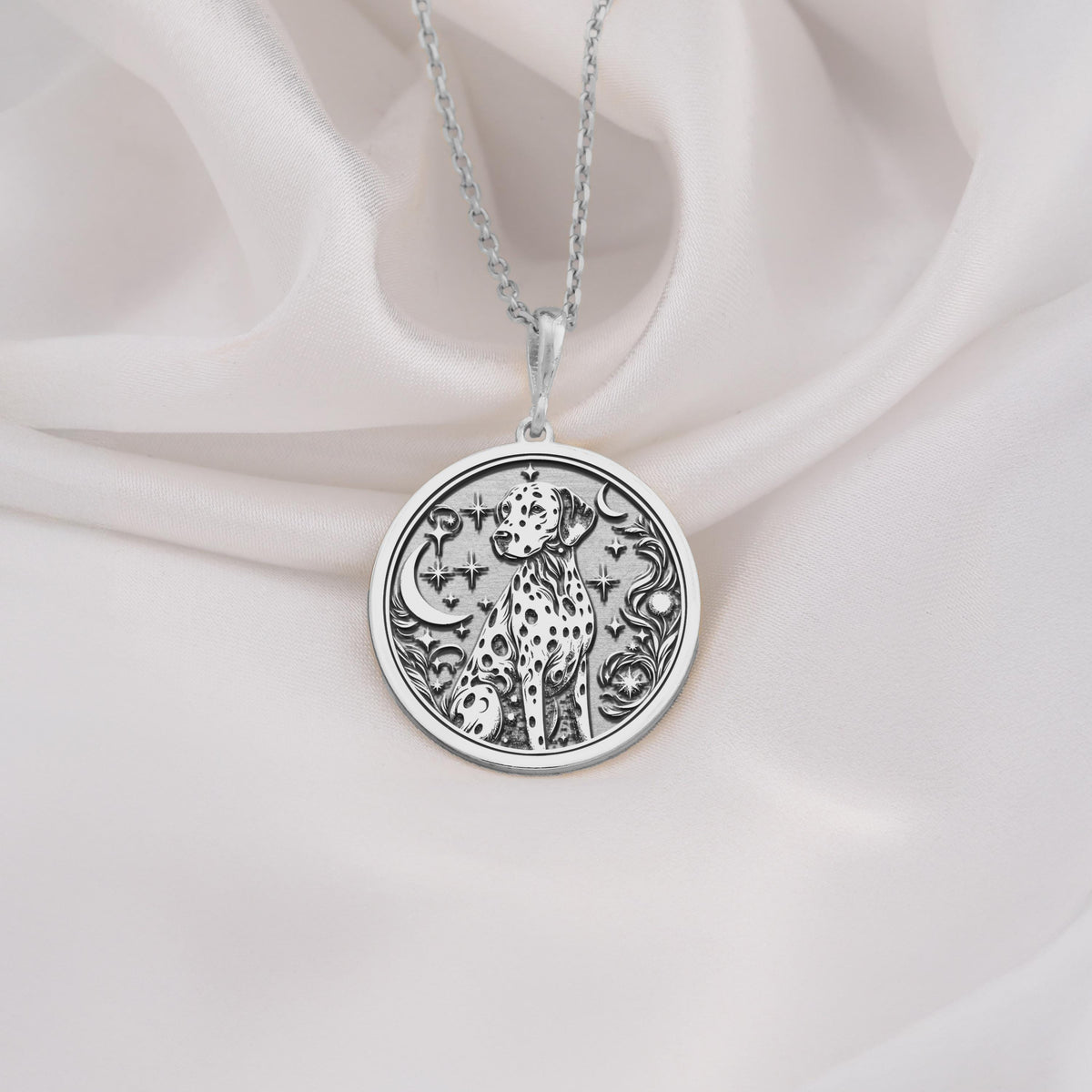 Dalmatian Medallion Necklace Necklaces 925 925 Sterling Silver sterling silver leopard face pendant with crescent moon and floral details necklace