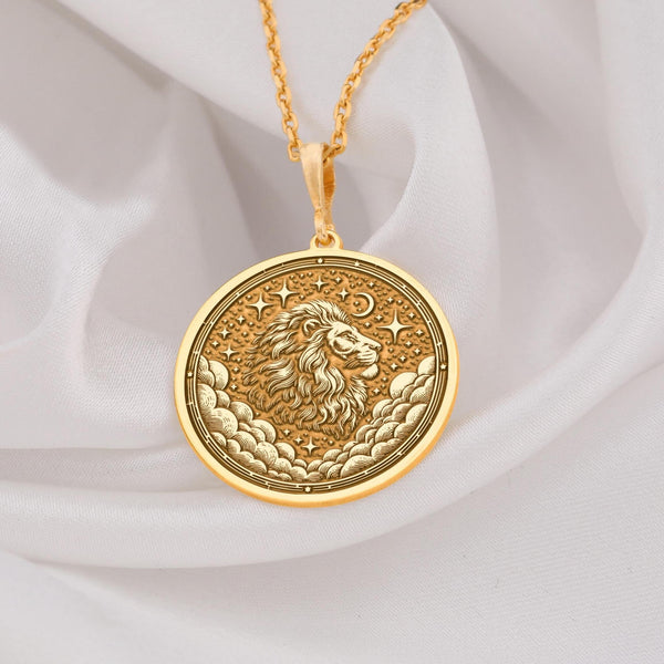 Gold Leo Zodiac coin pendant, Real gold leo disc pendant, Lion Gold Pendant, Lion gold necklace