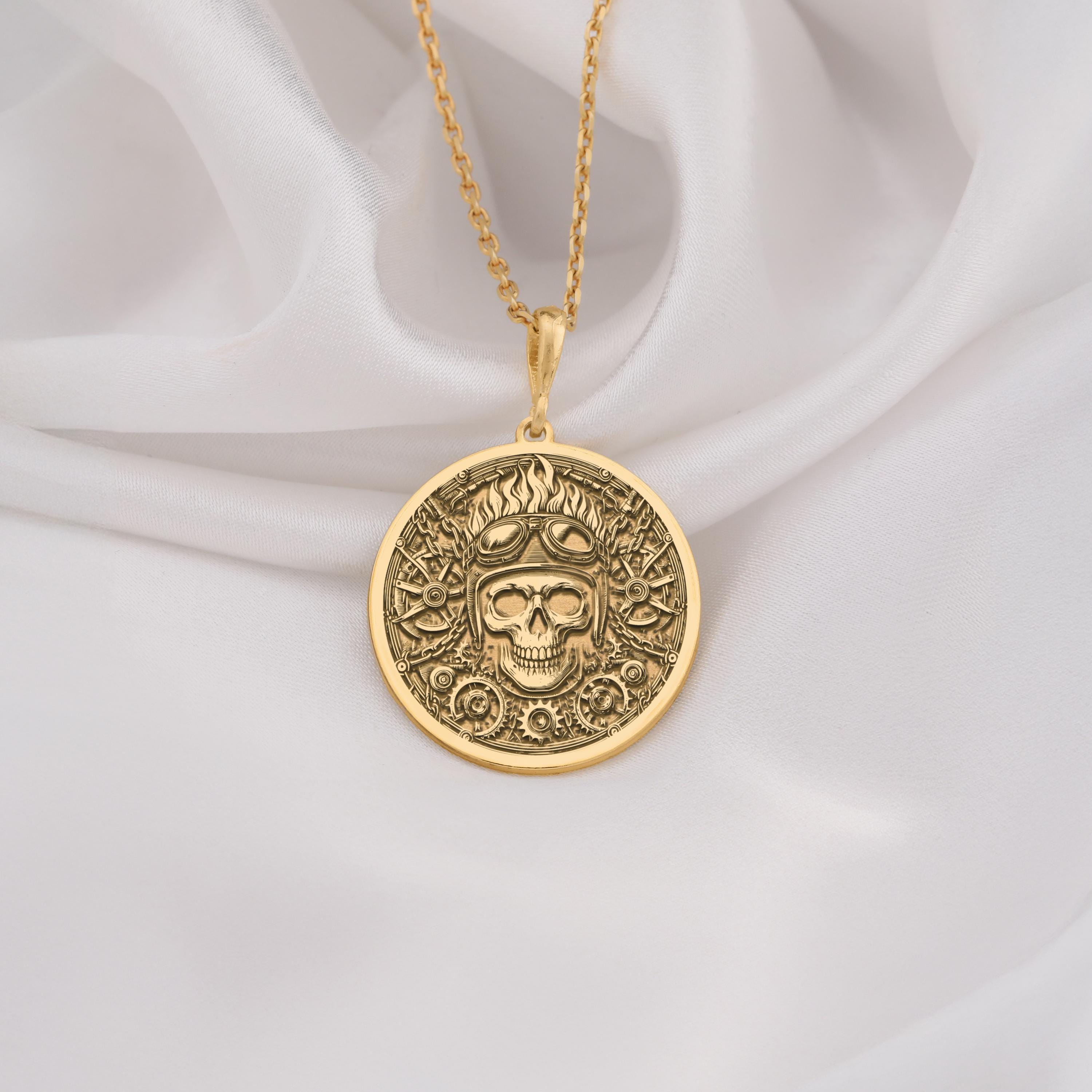 14K Solid Gold Biker Skull Medallion featuring aviator helmet and mechanical gears. Detailed alternative talisman with goggles, industrial elements and edgy design. Luxury statement jewelry gift symbolizing rebellious spirit and fearless adventure.