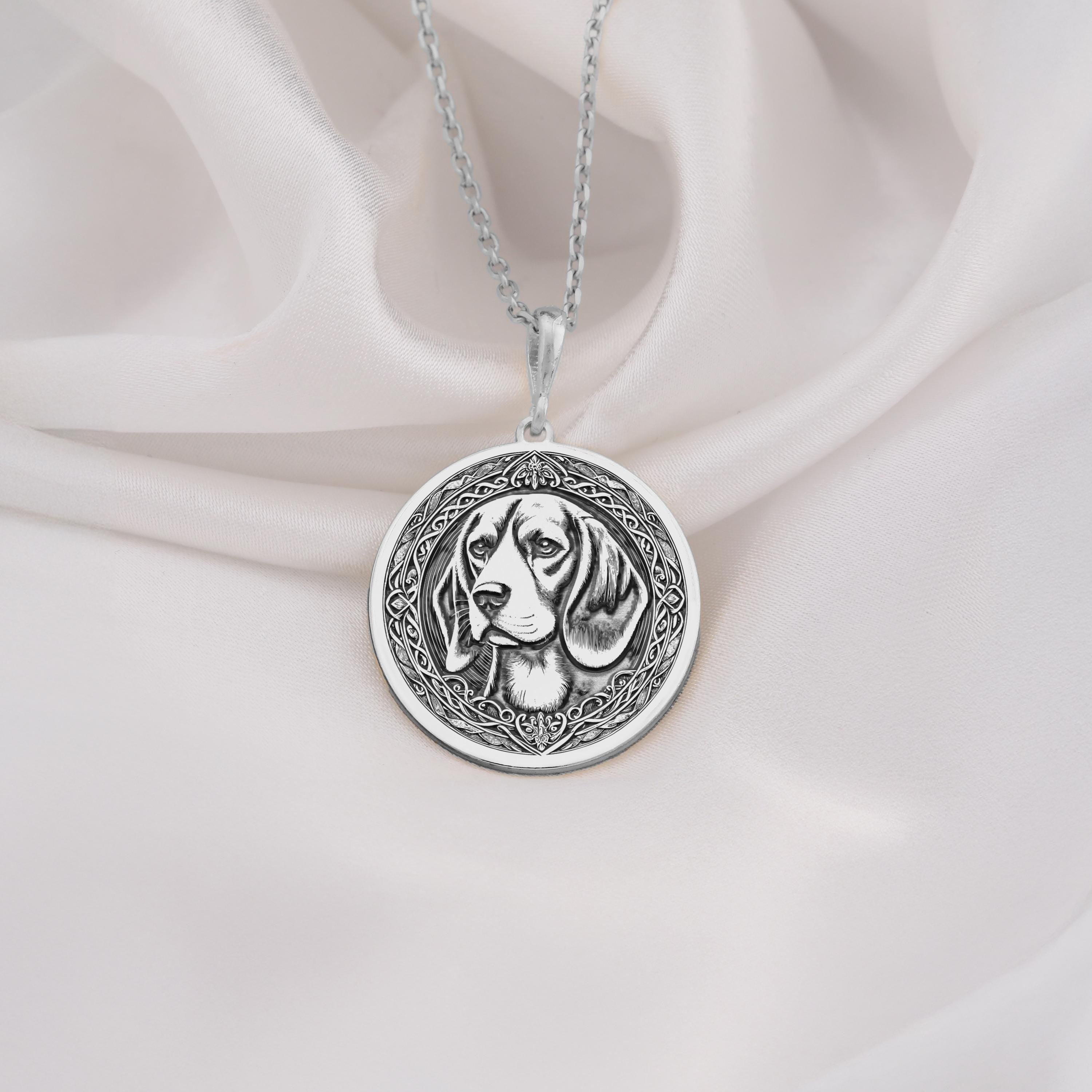 Intricately designed 925 Sterling Silver Beagle pendant necklace, perfect for dog lovers and pet owners. Elegant and timeless jewelry piece, ideal for special occasions or everyday wear. A meaningful keepsake.