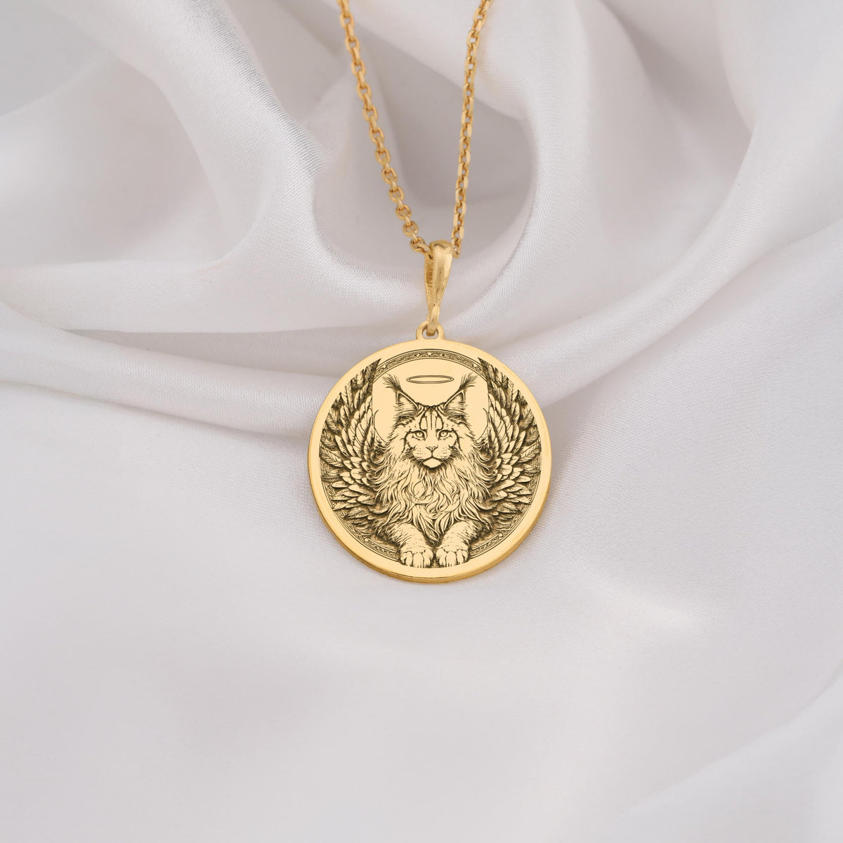 14K Solid Gold Maine Coon Angel Cat Medallion featuring majestic long haired breed with heavenly wings and halo. Detailed memorial talisman with fluffy coat, ornate feathers and peaceful expression.Maine Coon memorial jewelry gift.