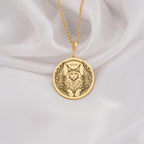 14K Solid Gold Maine Coon Angel Cat Medallion featuring majestic long haired breed with heavenly wings and halo. Detailed memorial talisman with fluffy coat, ornate feathers and peaceful expression.Maine Coon memorial jewelry gift.