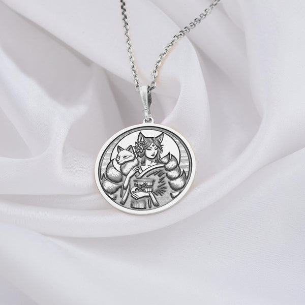 14K Solid Gold Kitsune Fox Charm Necklace, Kitsune Fox Silver Pendant, Personalized Kitsune Fox Necklace, Kitsune Girl Jewelry Fox Necklace