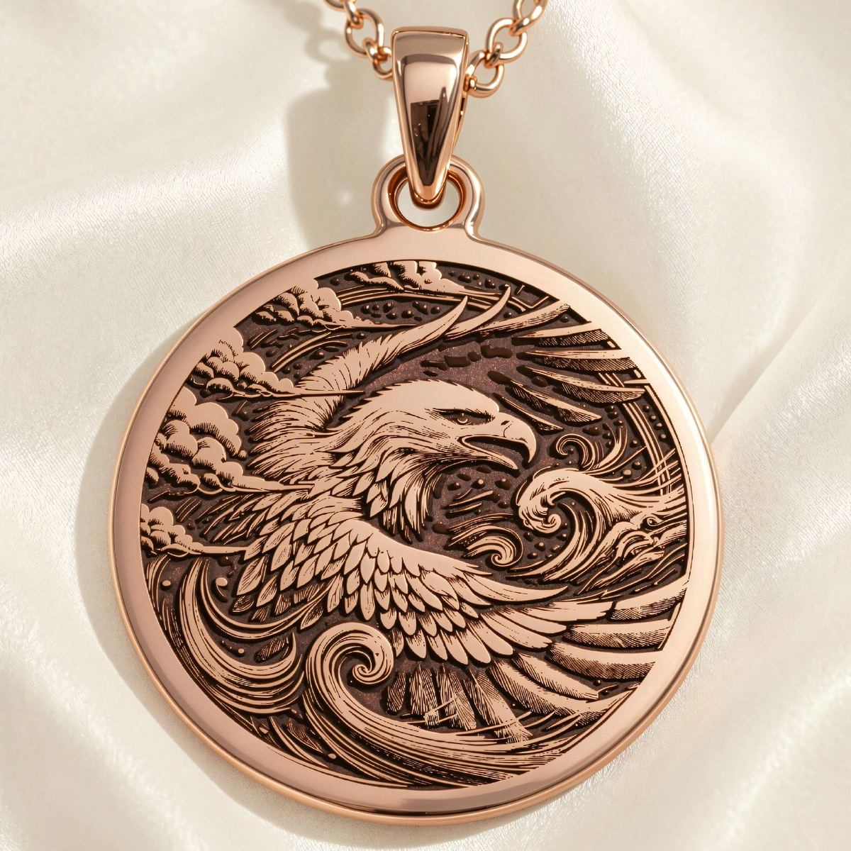 Eagle Totem Coin Necklace | Silver & Plated Options - Spirit Animal Protection Talisman - 14K Rose Gold Plated Front View