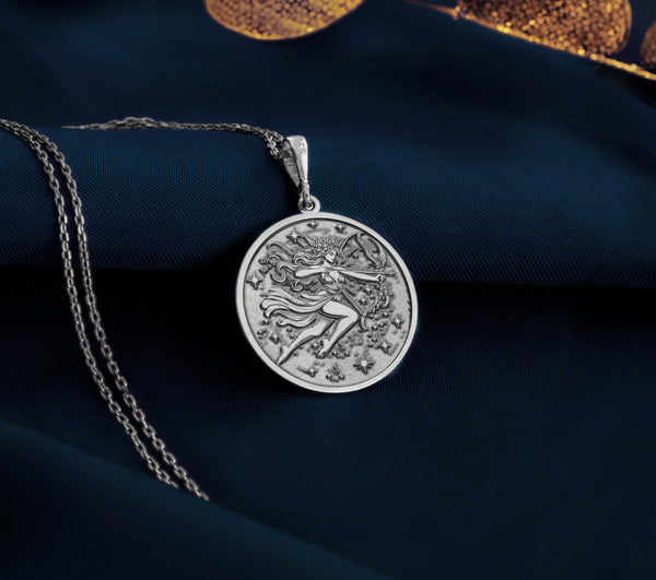 silver Sagittarius pendant for women, showcasing the archer&#39;s iconic symbol, perfect for astrology enthusiasts.