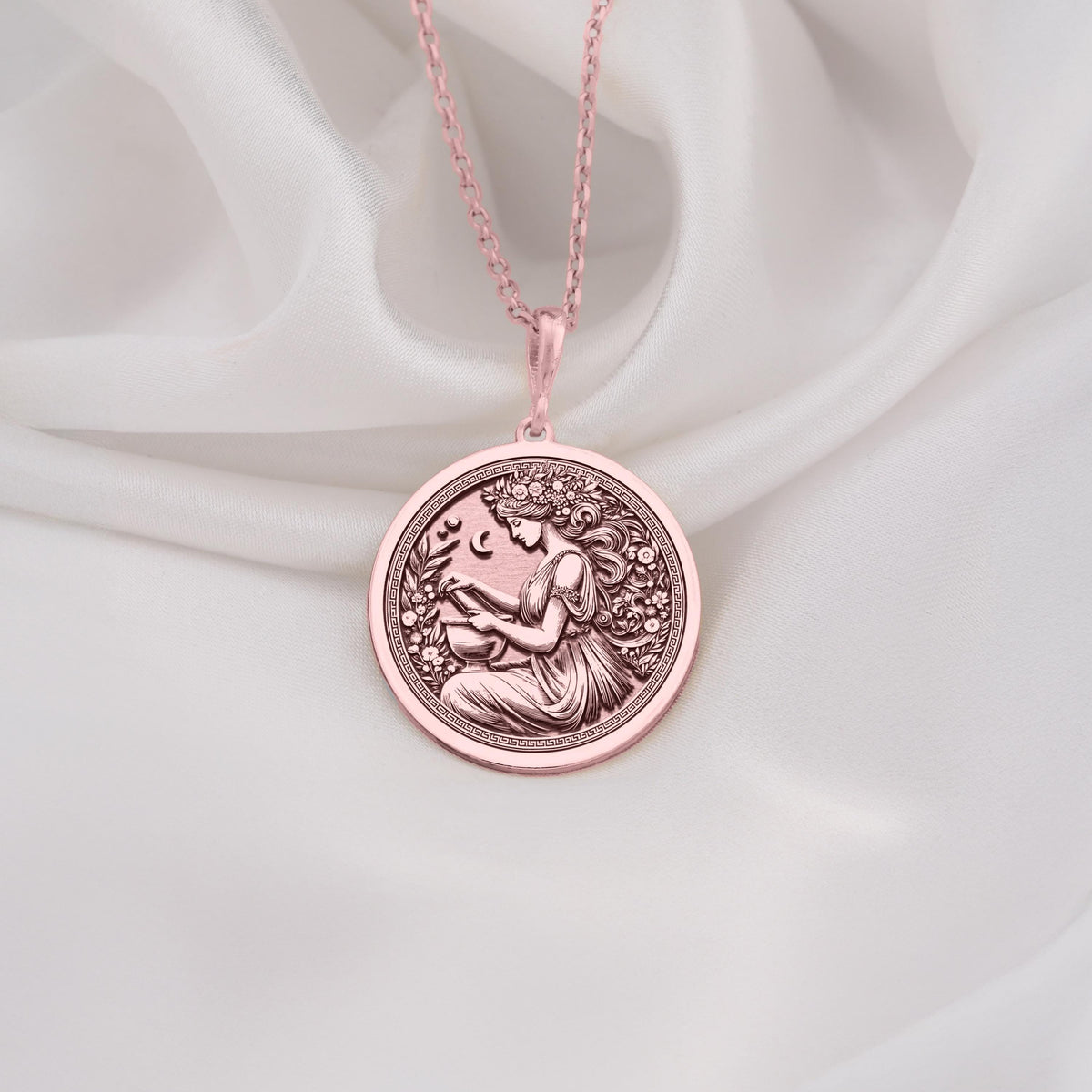 Rose Gold Plated Panacea Medallion featuring Greek healing goddess with herbal elements. Elegant wellness jewelry with celestial symbols and intricate border. Warm-toned mythological pendant, perfect meaningful gift for healers.