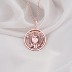 Rose Gold Plated Persian Cat Angel Medallion featuring beloved long-haired breed with heavenly wings and halo. Elegant memorial jewelry with detailed fluffy coat and ornate decorative border. Warm-toned rainbow bridge talisman for Persian cat loss.