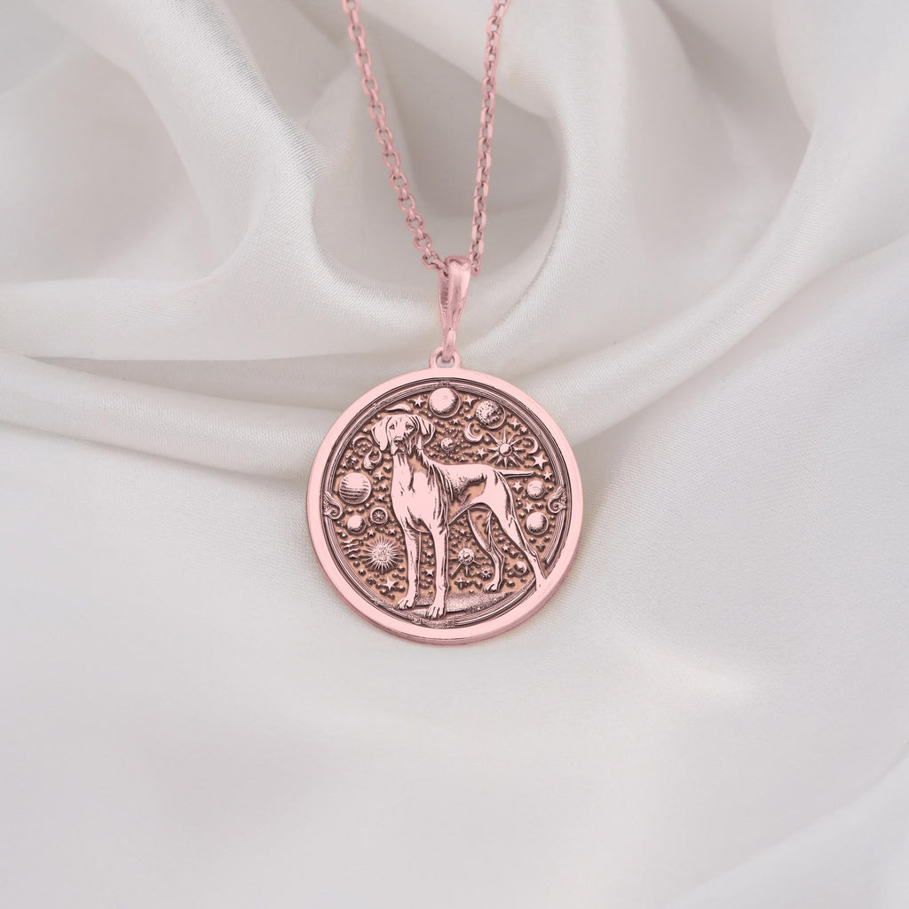 Doberman Dog Cosmic Medallion Necklace Necklaces 14K Rose 14K 14K Rose Gold Plated dog silhouette pendant necklace with intricate circular design