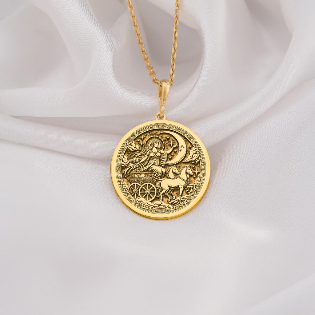 Selene Necklace crafted in 14K Gold featuring the Greek Moon Goddess medallion design. Perfect celestial jewelry gift for mythology lovers and astrology enthusiasts. Ideal for birthdays, anniversaries, or special occasions.