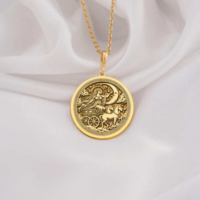 Selene Necklace crafted in 14K Gold featuring the Greek Moon Goddess medallion design. Perfect celestial jewelry gift for mythology lovers and astrology enthusiasts. Ideal for birthdays, anniversaries, or special occasions.