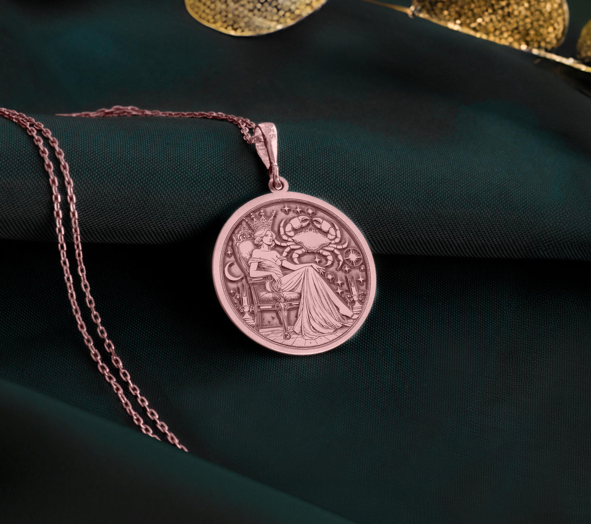 Cancer Zodiac Queen Medallion Pendants Rose 14K Rose 14K 14K Rose 14K 14K Rose Gold Plated round pendant with engraved classical scene necklace