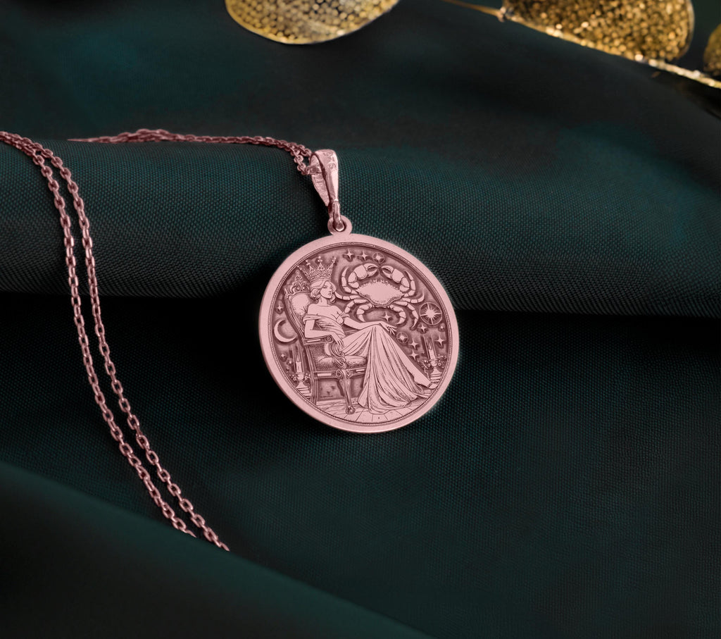 Rose Gold Plated Cancer Zodiac Queen Pendant with astrology design. Warm-toned Cancer constellation medallion with detailed royal crab elements and celestial features. Zodiac jewelry celebrating Cancer power, perfect birth sign gift.