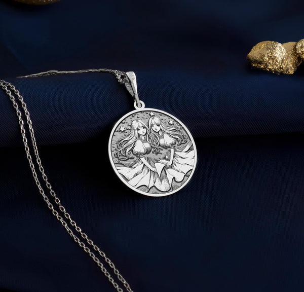 Gemini zodiac silver necklace, astrology-inspired jewelry, Gemini star sign pendant, celestial Gemini necklace, personalized Gemini gift, sterling silver Gemini zodiac necklace, horoscope jewelry for Gemini.