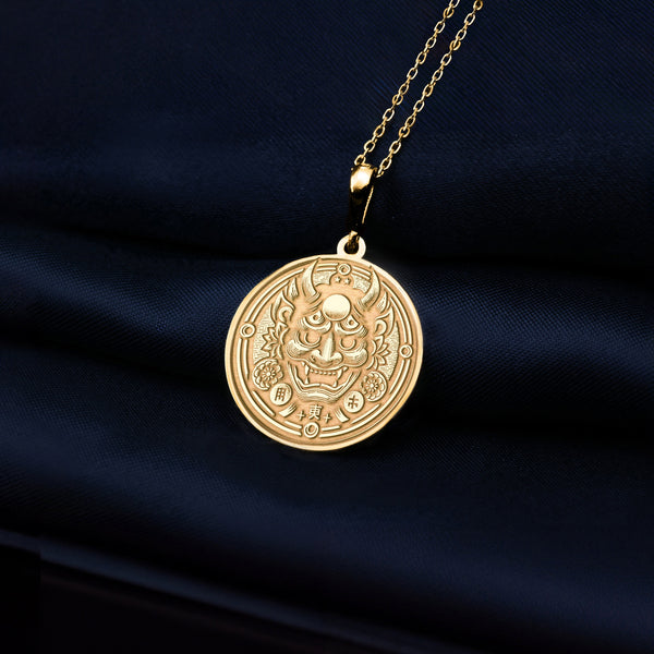 14K Solid Gold Oni Mask Charm Pendant, Japanese Demon Necklace, Silver Oni Charm Necklace, Japanese Pendant for Men, Japanese Jewelry Gift