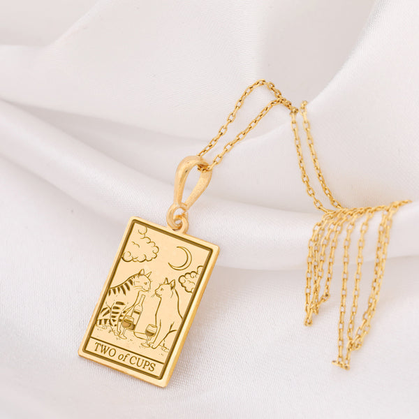 14 K Solid Gold Two of Cups Tarot Card Necklace, Two of Cups Silver Charm Pendant, Tarot Gift For Couple, Gifts for her on Valentine's