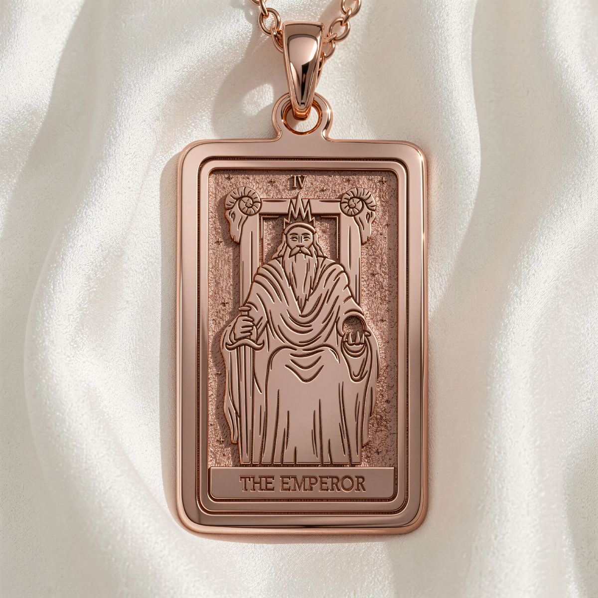 Emperor Card Tarot Necklace in rose gold plated rectangular pendant featuring the IV tarot card design.