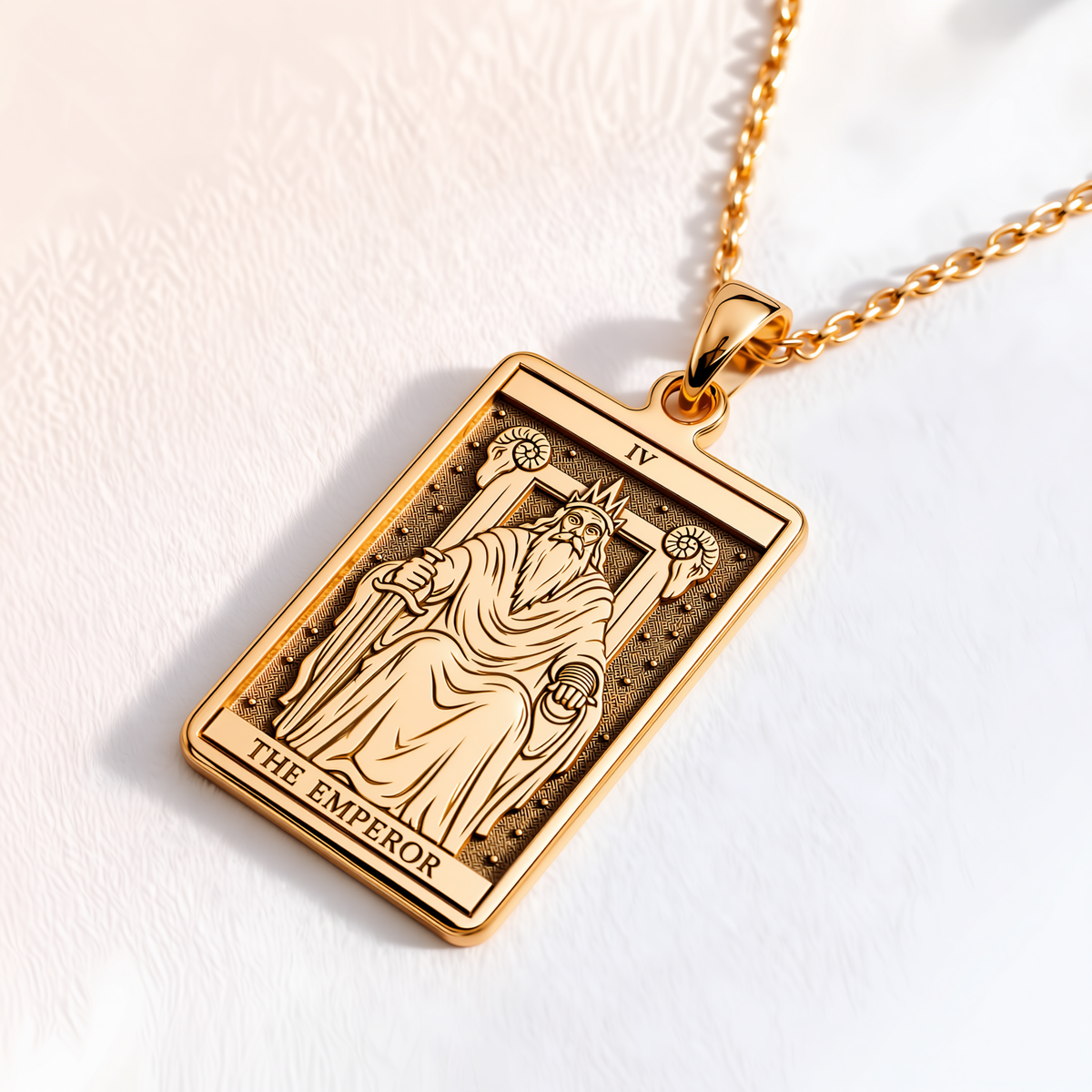 Emperor Card Tarot Necklace - 14K Solid Gold, Right Angle View