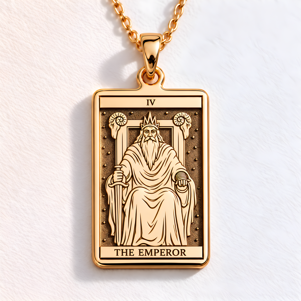 Emperor Card Tarot Necklace in a gold finish, shown from the front with detailed engraving on the pendant.