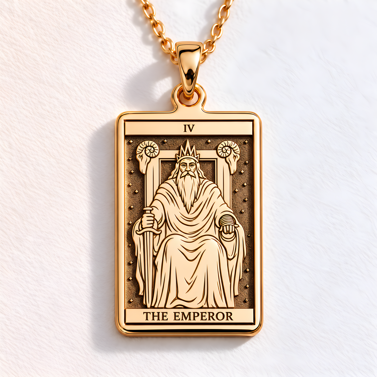 Emperor Card Tarot Necklace in a gold finish, shown from the front with detailed engraving on the pendant.