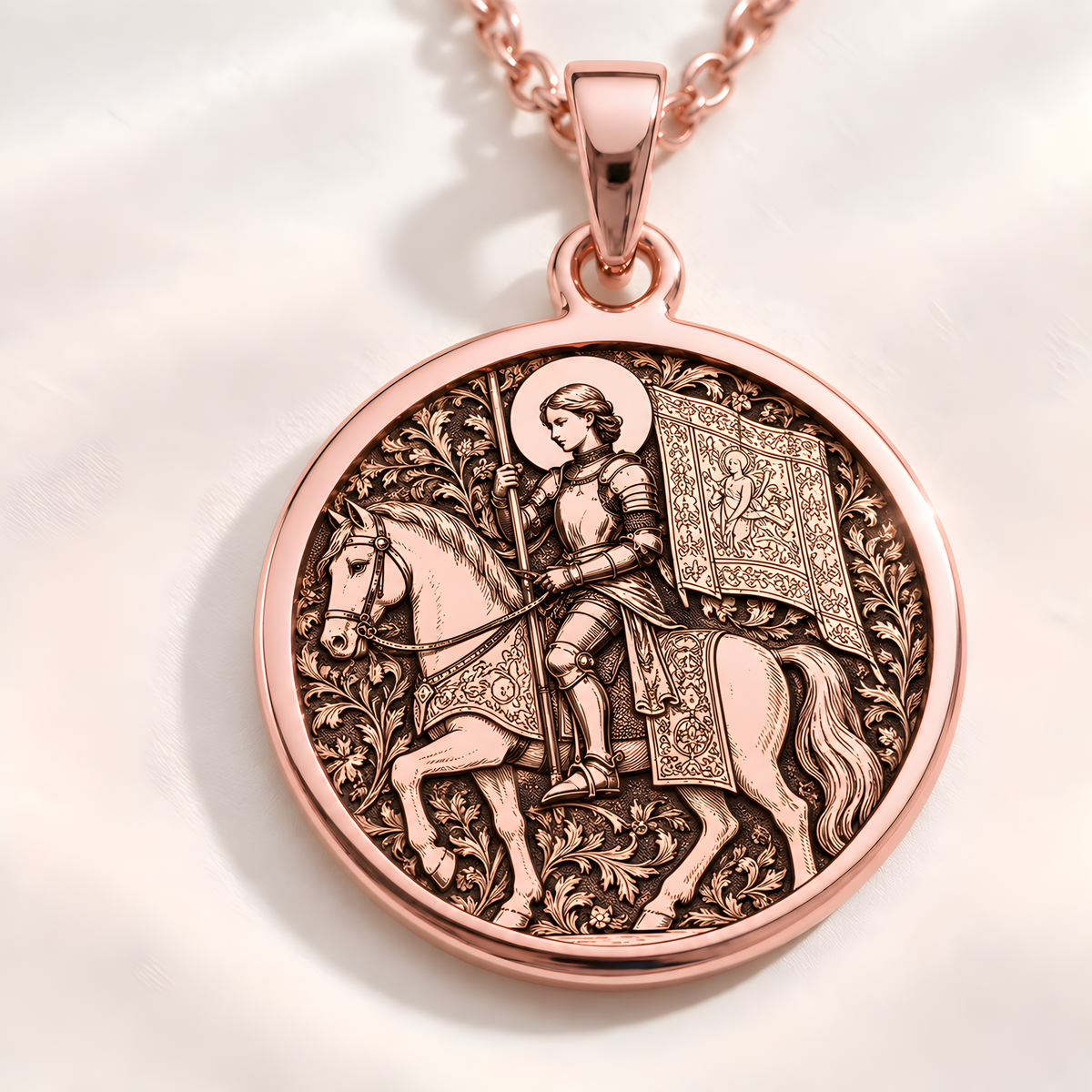 Equestrian Saint Joan of Arc Pendant - 14K Rose Gold Plated