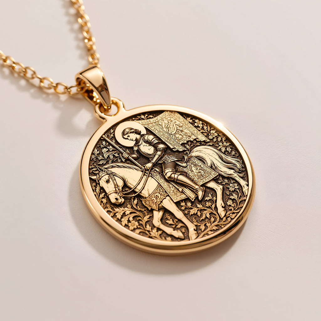 Equestrian Saint Joan of Arc Pendant - 14K Solid Gold, Left Angle View