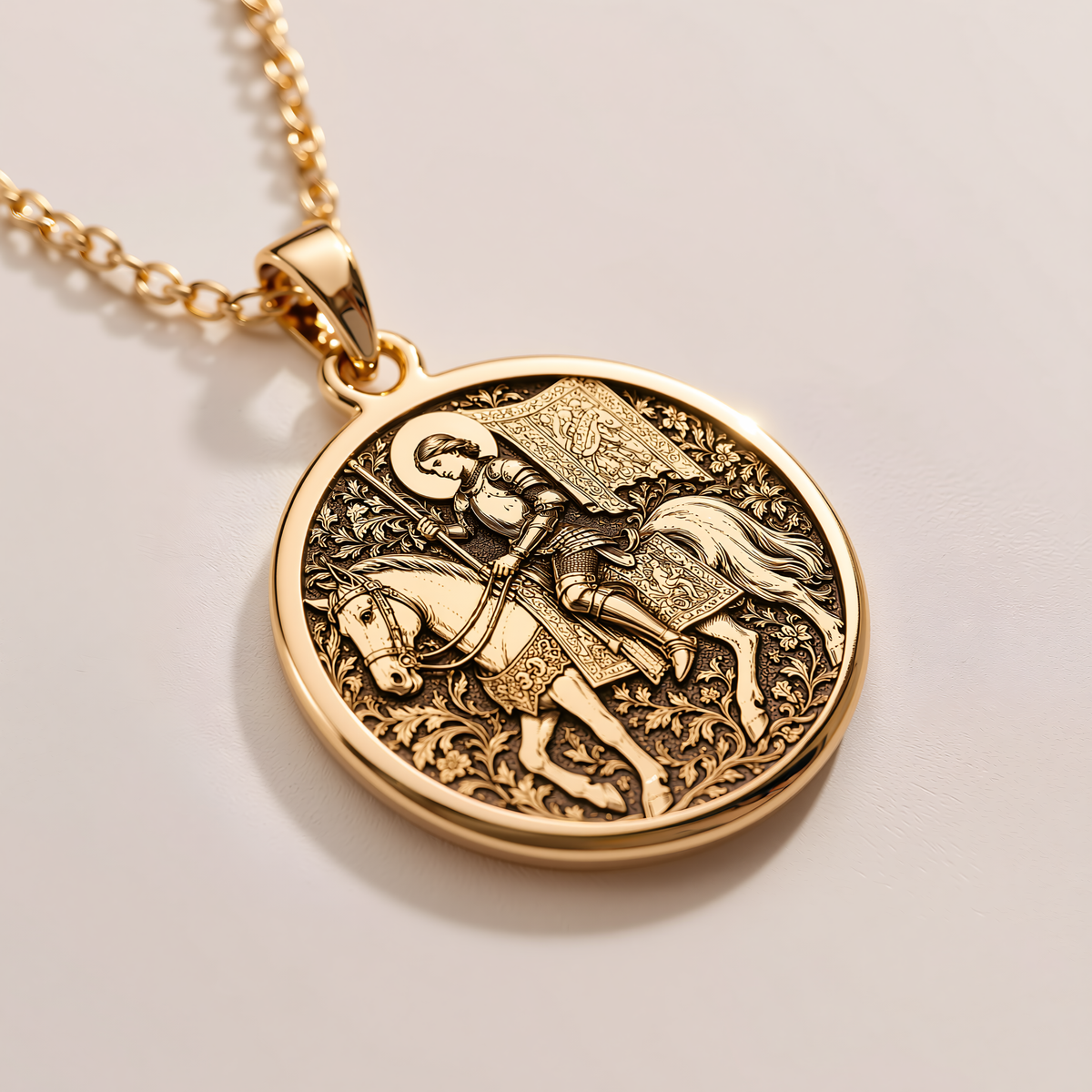Equestrian Saint Joan of Arc Pendant - 14K Solid Gold, Left Angle View