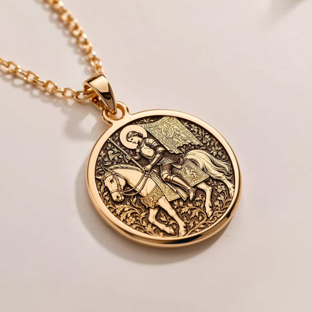 Equestrian Saint Joan of Arc Pendant - 14K Solid Gold, Right Angle View